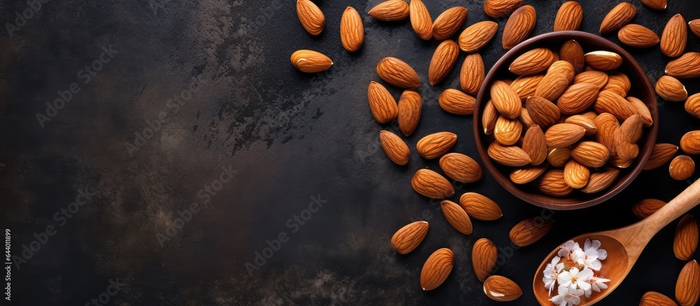 Wall mural Almonds arranged on a dark board with a wooden spoon and a bowl nearby isolated pastel background Copy space - Wall murals