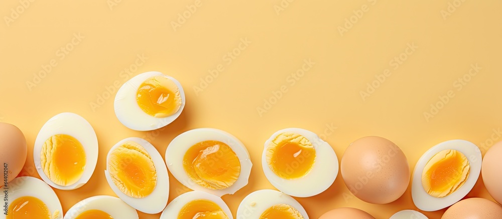 Poster halved boiled eggs with yolks on a isolated pastel background copy space