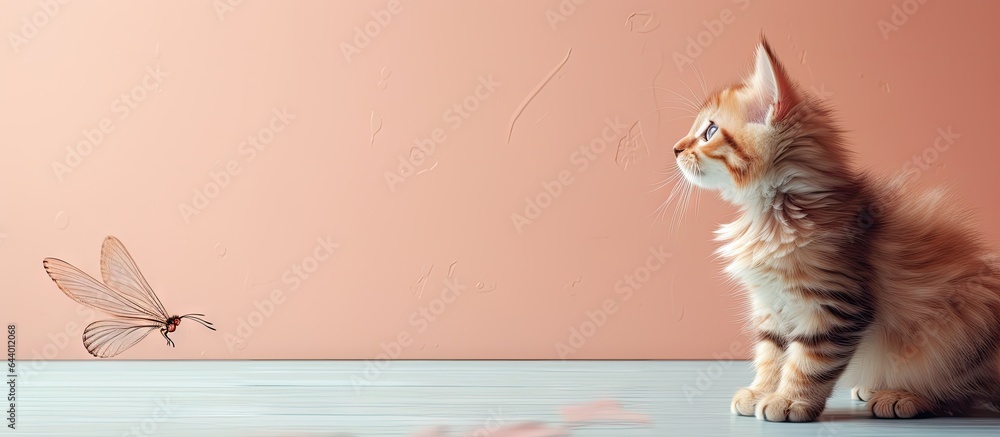 Poster cat playing with a toy feather isolated pastel background copy space