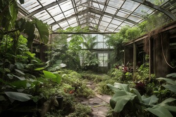 Neglected hothouse overrun by lush tropical plants. Generative AI