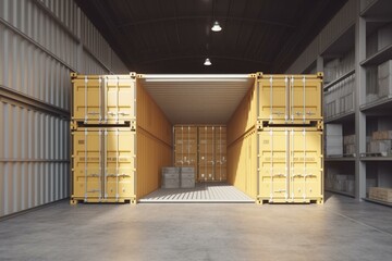 An open cargo container with pallets of boxes near a warehouse and hangars. 20-ft container. 3D rendering. Generative AI