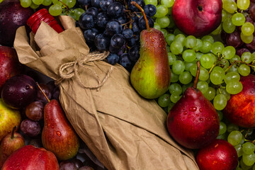 Fresh fruit and wine background, Harvest Festival, top view, copy space