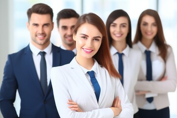 Fototapeta premium Happy student woman girl university high school college classroom during lesson lecture education studies study learning listening teacher professor teen pupil knowledge. Young students business team