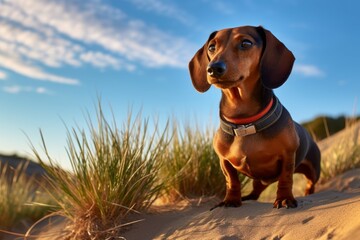 Lifestyle portrait photography of a curious dachshund whimpering wearing a spiked collar against a serene dune landscape background. With generative AI technology