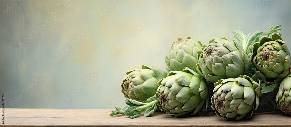 Poster Artichokes displayed on isolated pastel background Copy space en stand with gray background