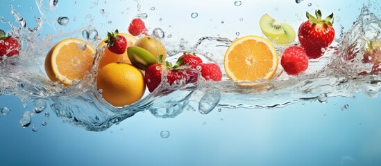 Fruit mix blends in clear water isolated pastel background Copy space