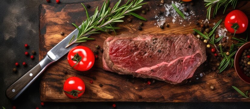 Beef steak and cherry tomatoes on a wooden plate with a Japanese knife isolated pastel background Copy space - Powered by Adobe