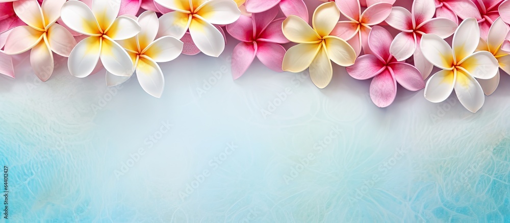 Poster background features a splendid display in summer with frangipani flowers flourishing in the garden i