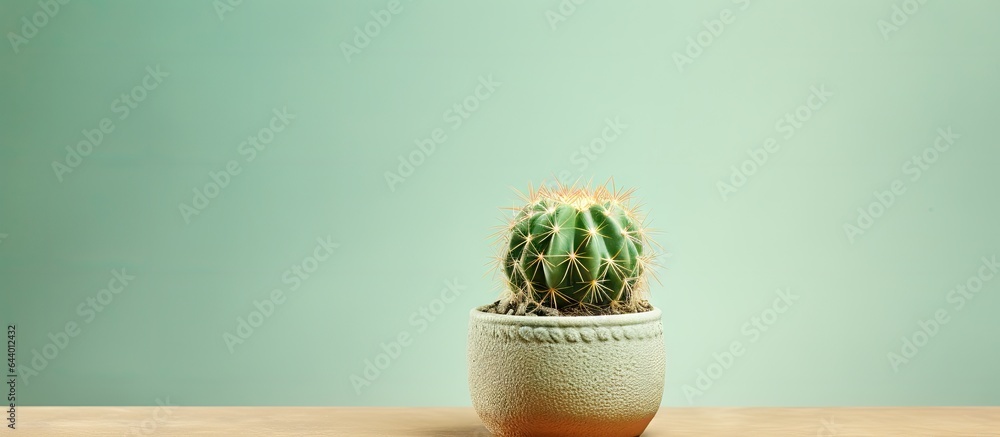 Poster astrophytum in a pot close up and isolated isolated pastel background copy space