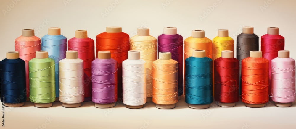 Poster assorted spools of vibrant thread isolated pastel background copy space