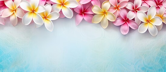 Fototapeta premium Background features a splendid display in summer with frangipani flowers flourishing in the garden isolated pastel background Copy space