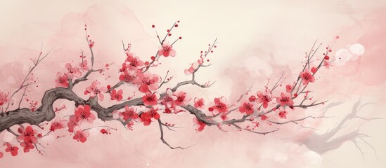 Japanese cherry blossom branch illustration with red decorative elements in ink painting isolated pastel background Copy space