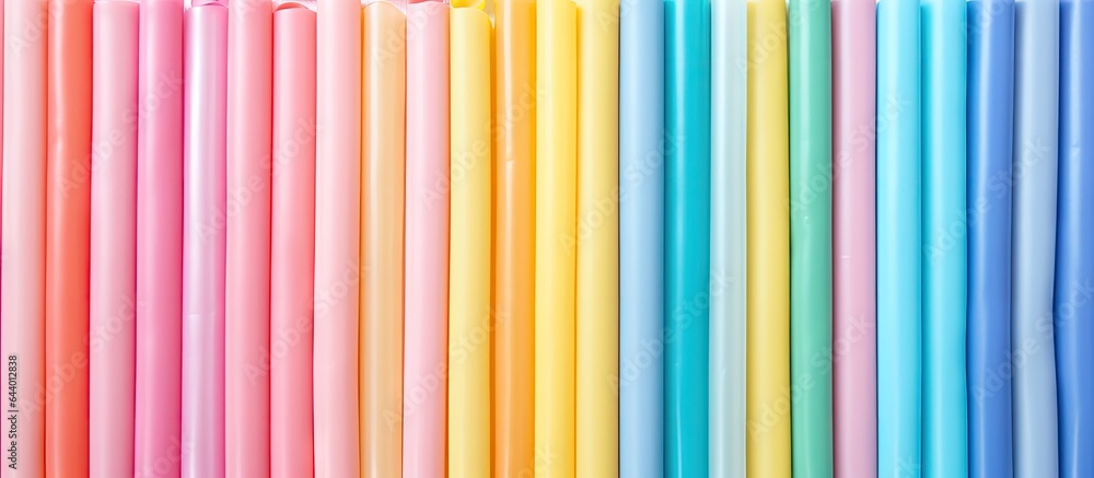 Poster assorted plastic straws in various colors isolated pastel background copy space