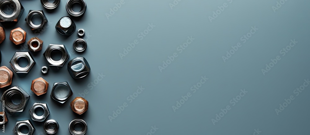 Poster different sized metal nuts set against isolated pastel background copy space