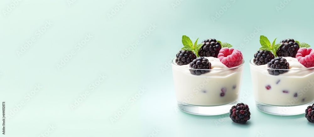 Poster front view of macro shot of wild berry topped white yogurt in two glasses on a isolated pastel backg