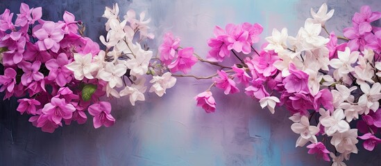 Gorgeous flower backdrop with Bougainvillea and Aquilegia isolated pastel background Copy space - obrazy, fototapety, plakaty