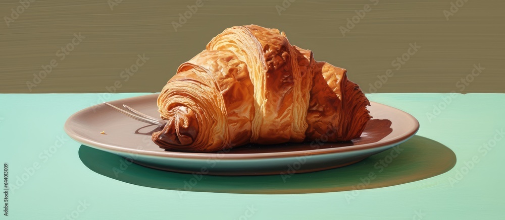 Poster a fragrant croissant filled with chocolate on a clay plate closeup on isolated pastel background cop