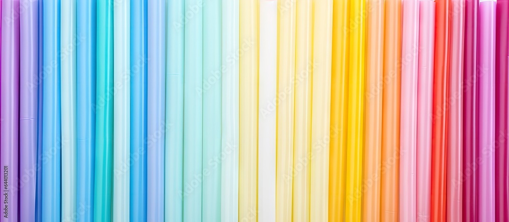 Poster assorted plastic straws in various colors isolated pastel background copy space