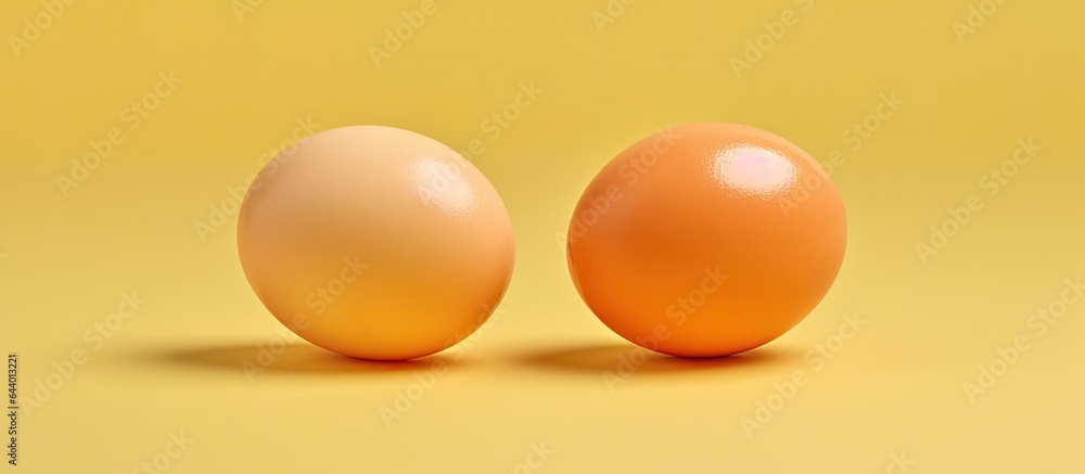 Poster Halved boiled eggs with yolks on a isolated pastel background Copy space
