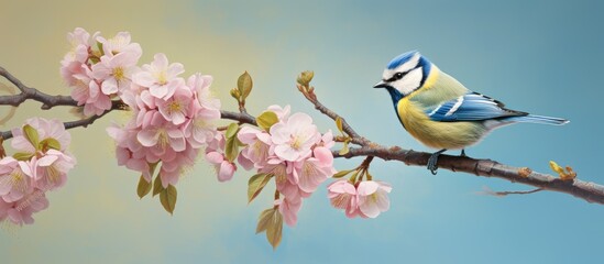 Fototapeta premium Blue Tit perched on a blossoming branch Cyanistes caeruleus seen from the side on isolated pastel background Copy space