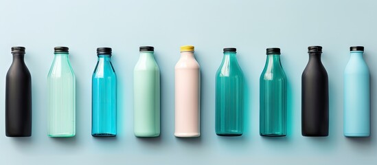 Blue plastic bottle alone on a isolated pastel background Copy space - obrazy, fototapety, plakaty
