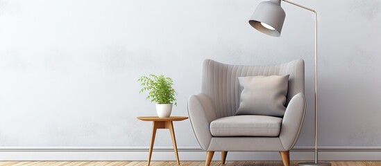 Contemporary Scandinavian living room or office interior Old gray armchair with white cushion light on isolated pastel background Copy space floor against bright wall horizontal view empty area