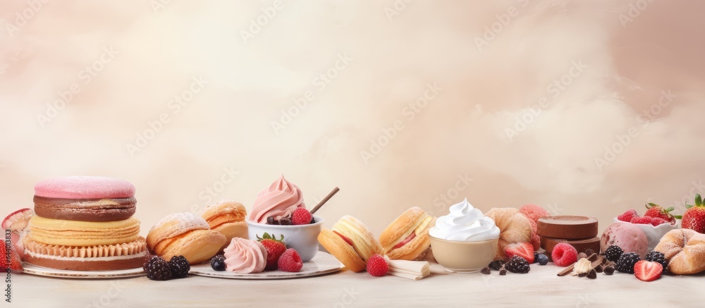 Poster ingredients and methods used in making pastries isolated pastel background copy space