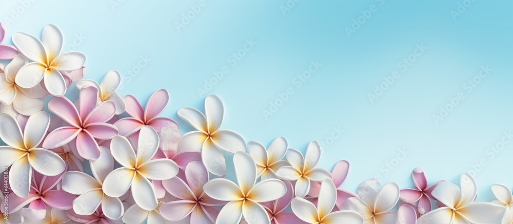 Poster background features a splendid display in summer with frangipani flowers flourishing in the garden i