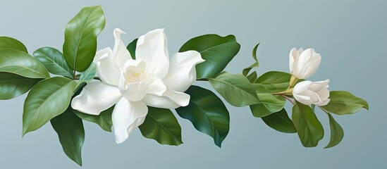 Fototapeta premium A single white gardenia on a isolated pastel background Copy space accompanied by a leaf