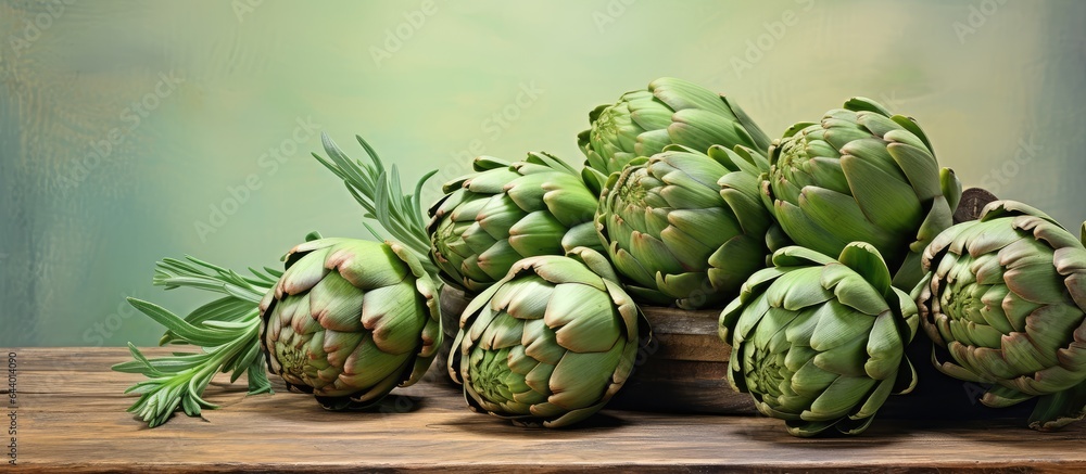 Poster Artichokes displayed on isolated pastel background Copy space en stand with gray background