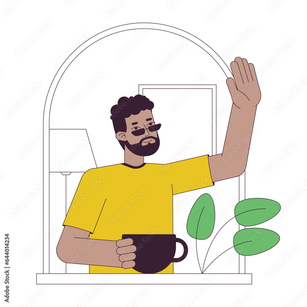 Poster afro neighbour flat line concept vector spot illustration. good neighborhood. man waving from window