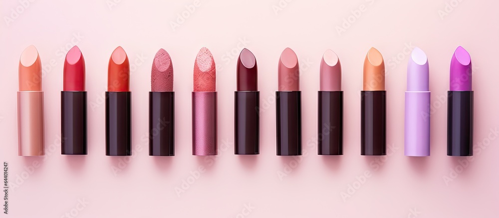 Poster decorative lipsticks arranged in a flat lay on a isolated pastel background copy space