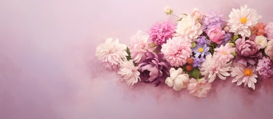 Arrangement of various pink flowers including aster peony roses and carnations isolated pastel background Copy space