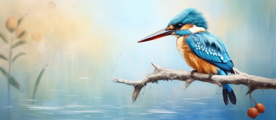 Kingfisher with stripes isolated pastel background Copy space