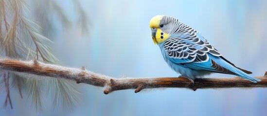Close up of a budgerigar parrot perching on a tree branch in a cage isolated pastel background Copy space