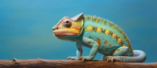 Zelfklevend Fotobehang chameleon appears aggressive in profile isolated pastel background Copy space © HN Works