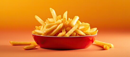 French fries with ketchup against isolated pastel background Copy space