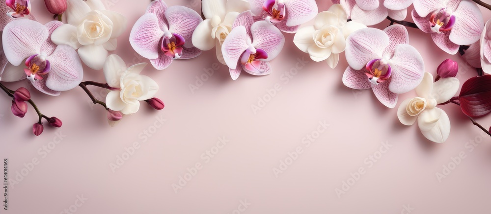 Aufkleber Beautiful orchids arranged in a floral frame ready for customization isolated pastel background Copy space