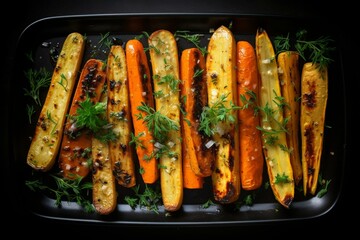 Overhead view of roasted carrots and parsnips on a black table. Generative AI - obrazy, fototapety, plakaty