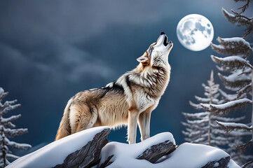 Photo of an adult male gray wolf howling in the mountains at night in winter. - obrazy, fototapety, plakaty