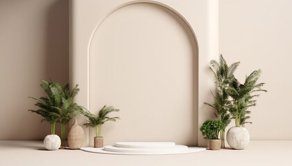 Framed wall with copy space. Abstract minimal geometric forms scene. Podium with plants on beige...