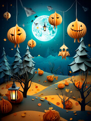 Halloween background with pumpkins, moon and trees. Vector illustration.