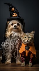 Dog wearing spooky costume for party. Horizontal shot of a happy cute puppy dressed in funny clothes and looking at the camera. Happy Halloween, autumn and Humanised animals concept..