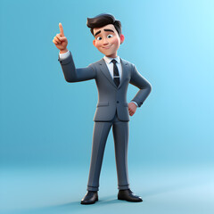 un homme en costume montre quelque chose du doigt - style personnage cartoon 3D
