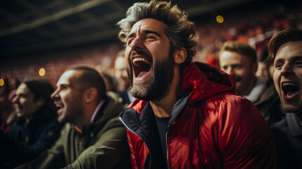 Fototapeta na wymiar Excited football fan screaming in the stands of the stadium during the match.