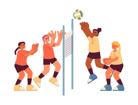 Sportswomen playing volleyball flat concept vector spot illustration. Team sport. Game with ball. Championship 2D cartoon characters on white for web UI design. Isolated editable creative hero image