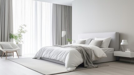 Serene Simplicity: A Minimalistic White and Gray Bedroom. Generative AI 1