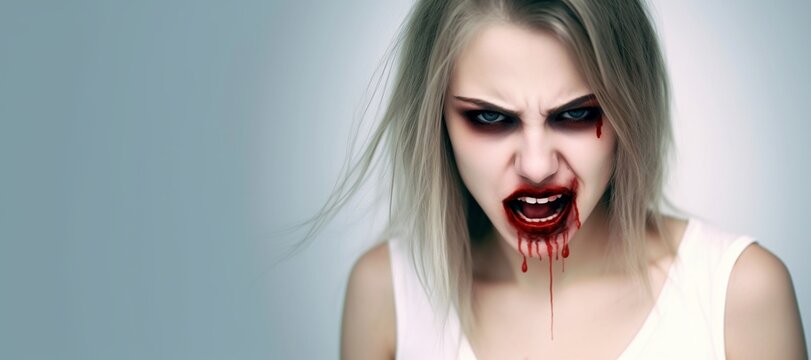 female vampire with fangs and blood showing on grey background