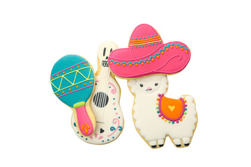 PNG, sombrero, guitar, llama and maracas isolated on white background.