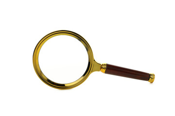 A magnifying glass in a golden frame, isolated on white background